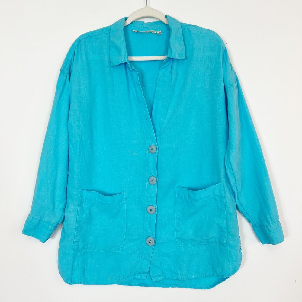 Soft Surroundings Turquoise Linen Long Sleeve Button Up Top Women's Medium